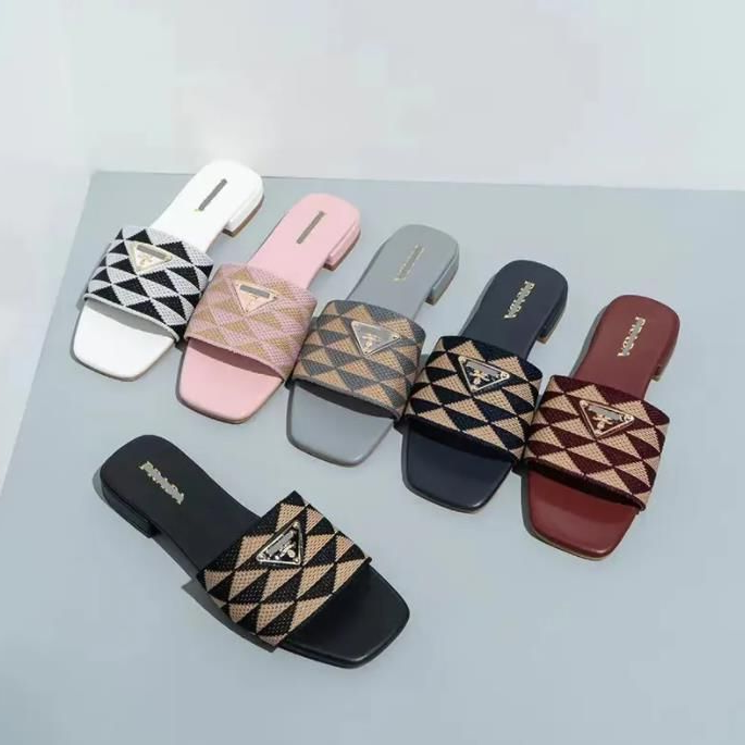 

Slides Slippers Embroidered Fabric Summer Black Beige Multicolor Embroidery Mules Womens Home Flip Flops Casual Sandals Summer Leather Flat Slide Rubber Sole 36-42