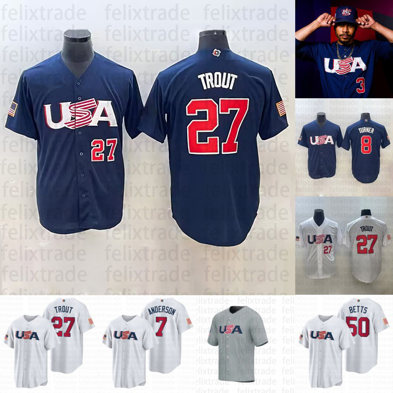 

Mike Trout USA 2023 World Classic Jersey Pete Alonso Mookie Betts Trea Turner J. T. Realmuto Clayton Kershaw Anderson Arenado Freeland United States 2023 WBC jersey, Youth s-xl red