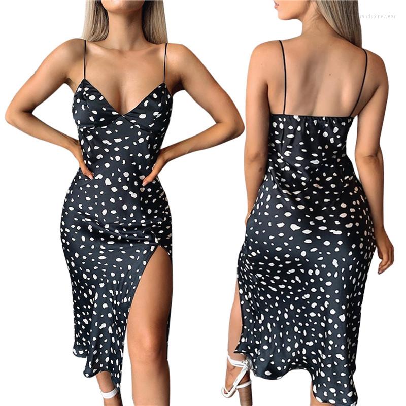 

Women Floral Printed Sweet Sling Dress Ladies Summer Fashion Sleeveless V-neck Lace-up Dress Party Clothes High Split Dresses, Black