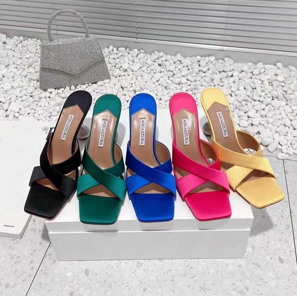 

AQUAZZURA Latest women high heeled slippers designer sandals stiletto mules Diamond ball metal heel 10.5cm Silk slip-on open toe sexy work Luxury women shoes with box