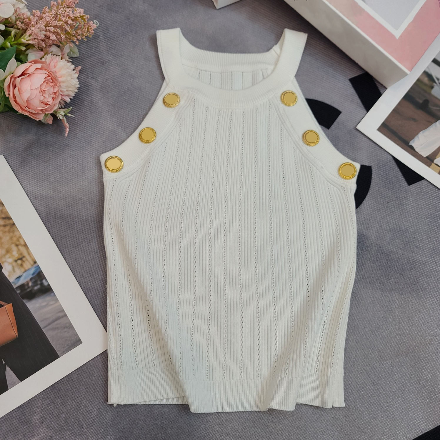 

Designer shirts for women t shirt Sleeveless Top Fashion women clothes 2023 Summer Slim Fit Knitted Slim Strap diesel shirt Women' t shirts, White