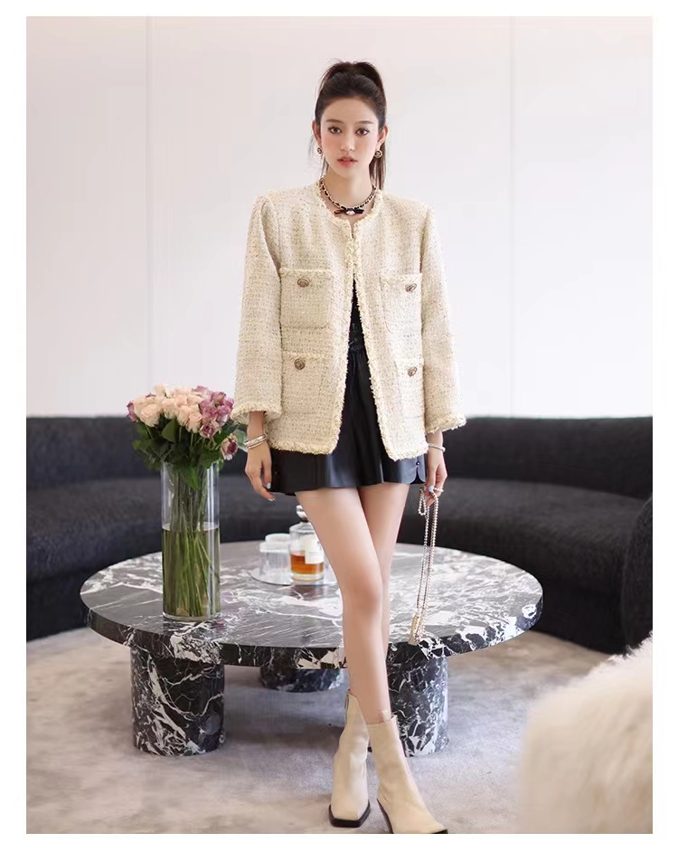 

Chan New Women's brand jacket designer OOTD Fashion top-grade autumn winter logo tweed coat overcoat Spring Bright silk Coat cardigan birthday Christmas Gift, Ivory