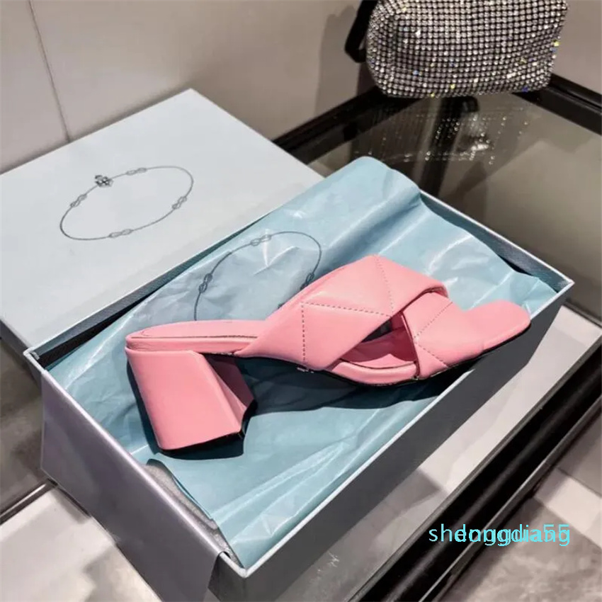 

Woman Quilted Leather Heeled Sandals Chunky Heel Slides Slippers Covered Buckle Upper Mules 22 White Desert Beige Leather Home Casual Summer