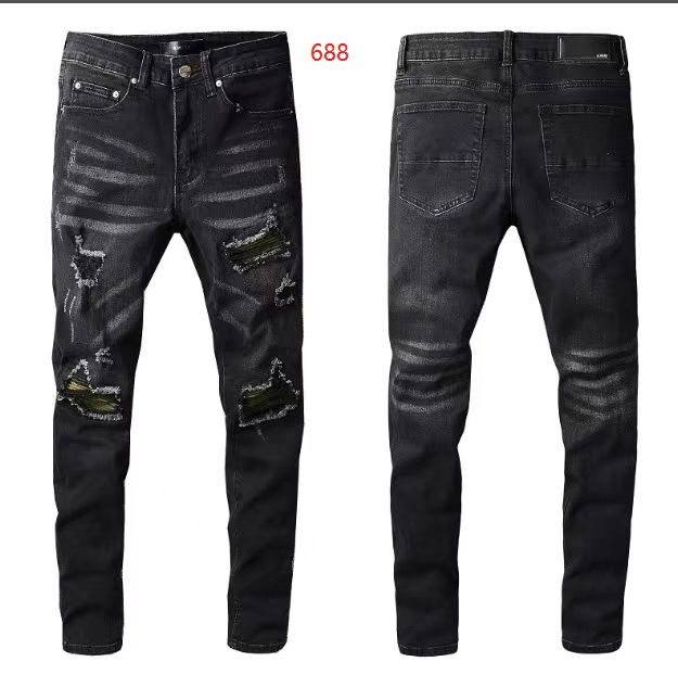 

Hm600 AMIRIS Quality Mens Jeans Distressed Motorcycle Biker Jean Rock Skinny Slim Ripped Hole Stripe Fashionable Snake Embroidery Denim Pants, Customize