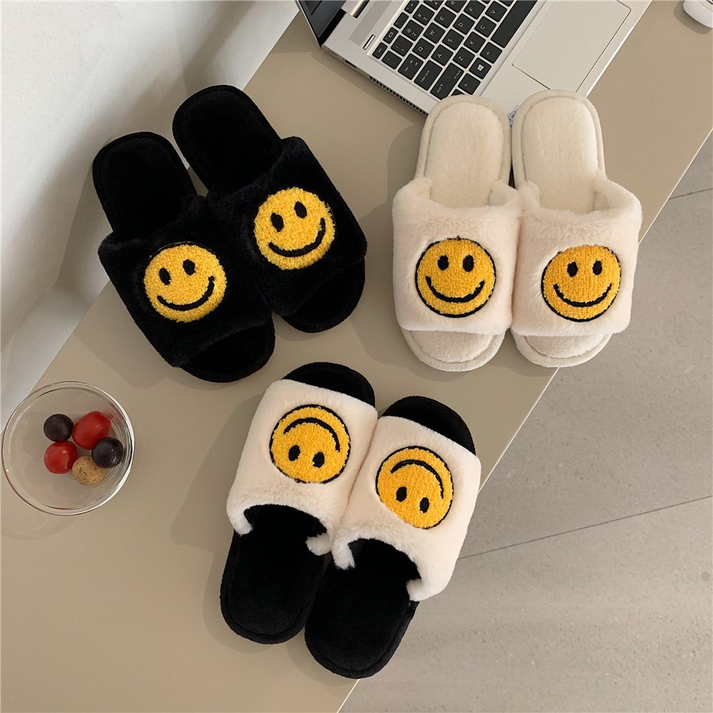 

Slippers Fashion Slipper Open Toe Happy Face Indoor Bedroom For Girls Winter Autumn Spring 230320, White and black