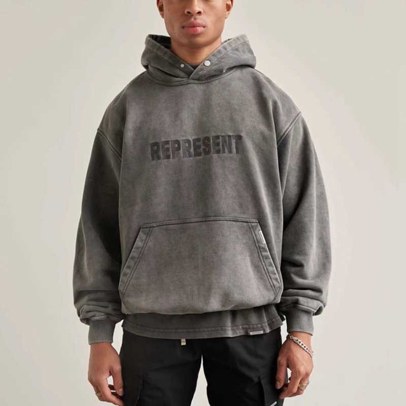

ess fearofgod 22 New REPRESENT Embroidery Letter Washed Old Sweater Hooded FOG American High Street Small Hoodie Men hooded hoodies, Black embroidery