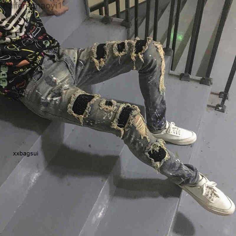 

high amirs light amiris street mens white jeans designer fashion European color and scraped American holes beggar pants with diamond slim Qrk AWE3, Peacock blue