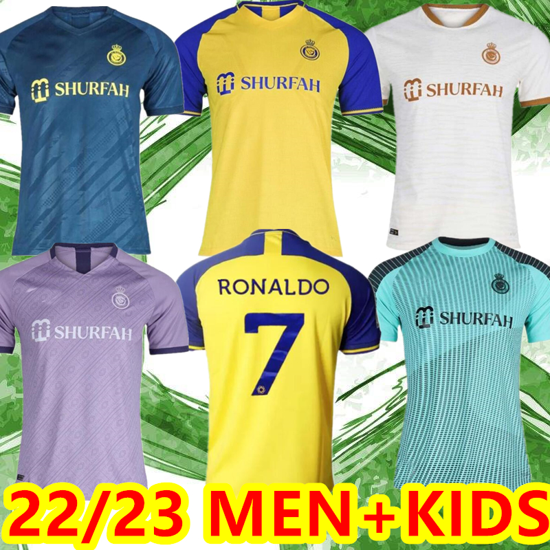 

22 23 Al Nassr FC soccer Jerseys Ronaldo 2022 2023 Home yellow away 22 23 CR7 Gonzalo Martinez Talisca Ghislain Vincent Aboubakar men kids kit Football shiirt Al-Nassr, Away+patch