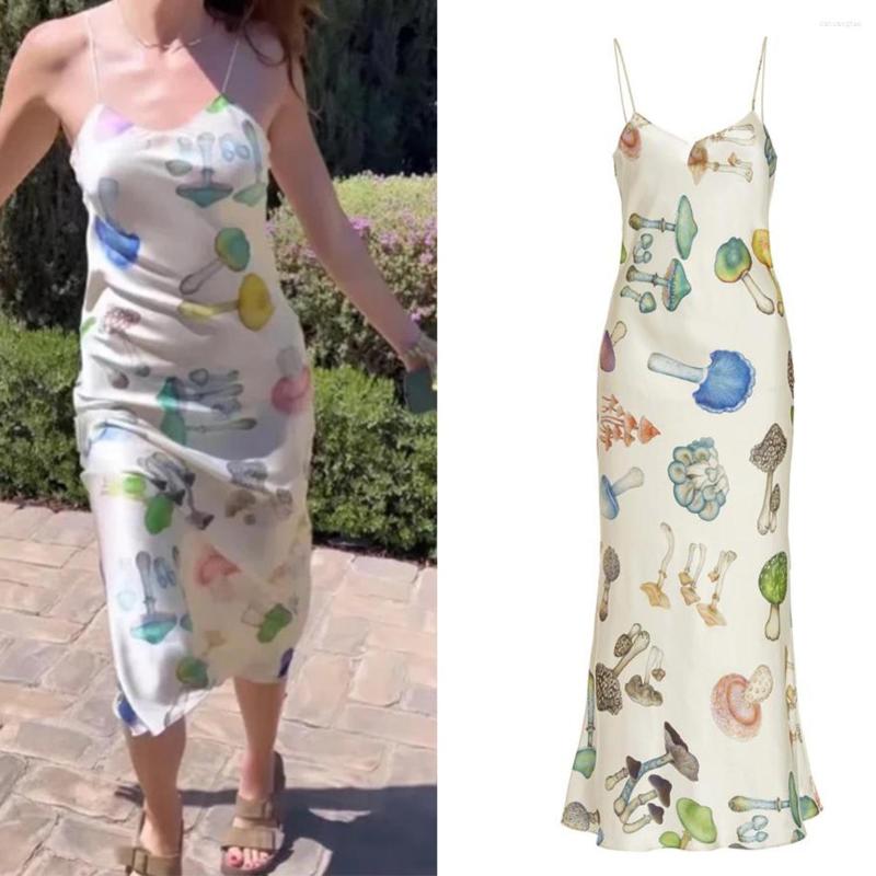 

Casual Dresses Summer Women Stain Silk Midi Dress Sleeveless Spaghetti Strap V Neck Mushroom Print Long Bodycon Female Vestidos, White
