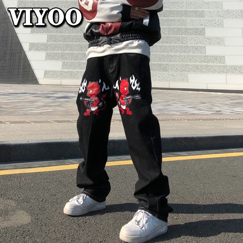 

Mens Jeans Devil Printed High Street Vintage Y2K Clothes Black Baggy Straight Trousers Streetwear Wide Leg Pants Men 230317