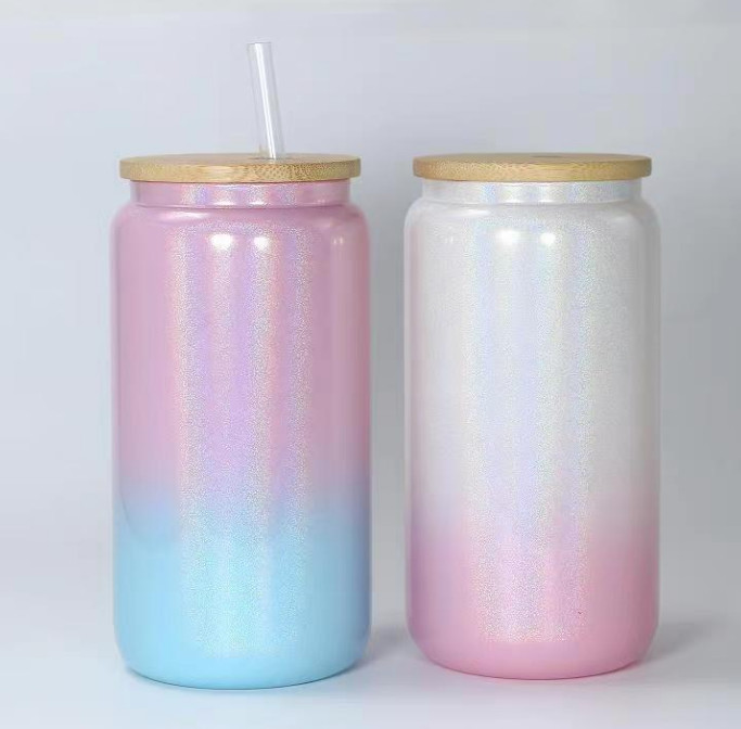 

16oz sublimation gradient glitter glass tumbler glass jar with bamboo lid reusable straw shimmer glass tumblers beer Can Soda Can Cup drinking cups, White