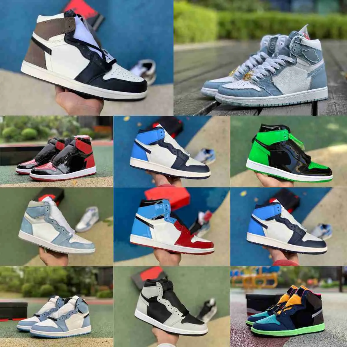 

Jumpman 1 1s Denim Sports Basketball Shoes Men Women Trainer OG DARK MOCHA True Turbo Blue Pine Green Fearless Bio Hack BLACK WHITE Military Obsidian Patent Sneakers, Prototype