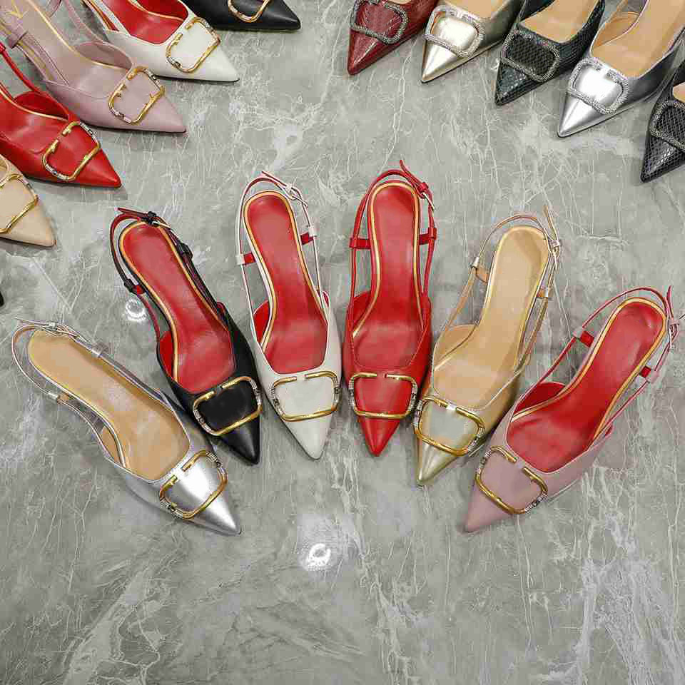 

New fashion women Sandals Metal Buckle High Heel Shoes Brand Genuine Leather Pointed Toe Thin Heels summer women Rhinestone Shallow Single Shoes size 35-42