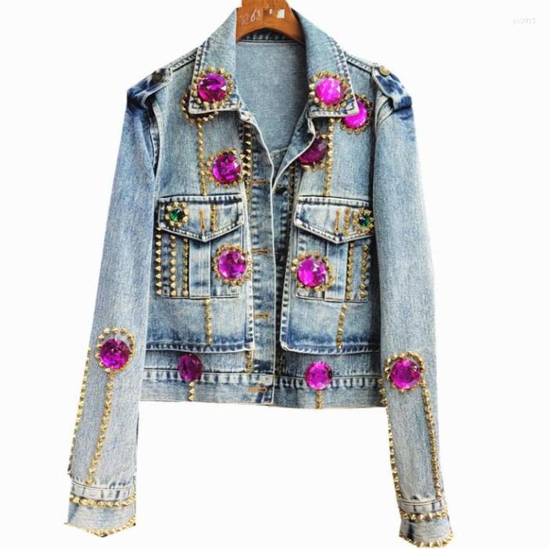 

Women's Jackets Spring 2023 Fashion Rhinestone Rivets Denim Jacket Women Beaded Casual Loose Long Sleeve Outwear, As photo