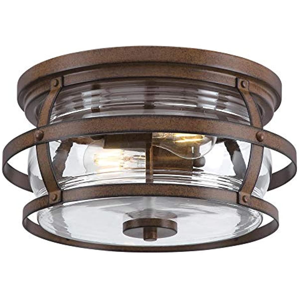 

Weatherby 14 Inch Rustic Arts and Crafts Two-Light Outdoor Flush Mount Ceiling Light, Barnwood Finish, Clear Glass, Bronze