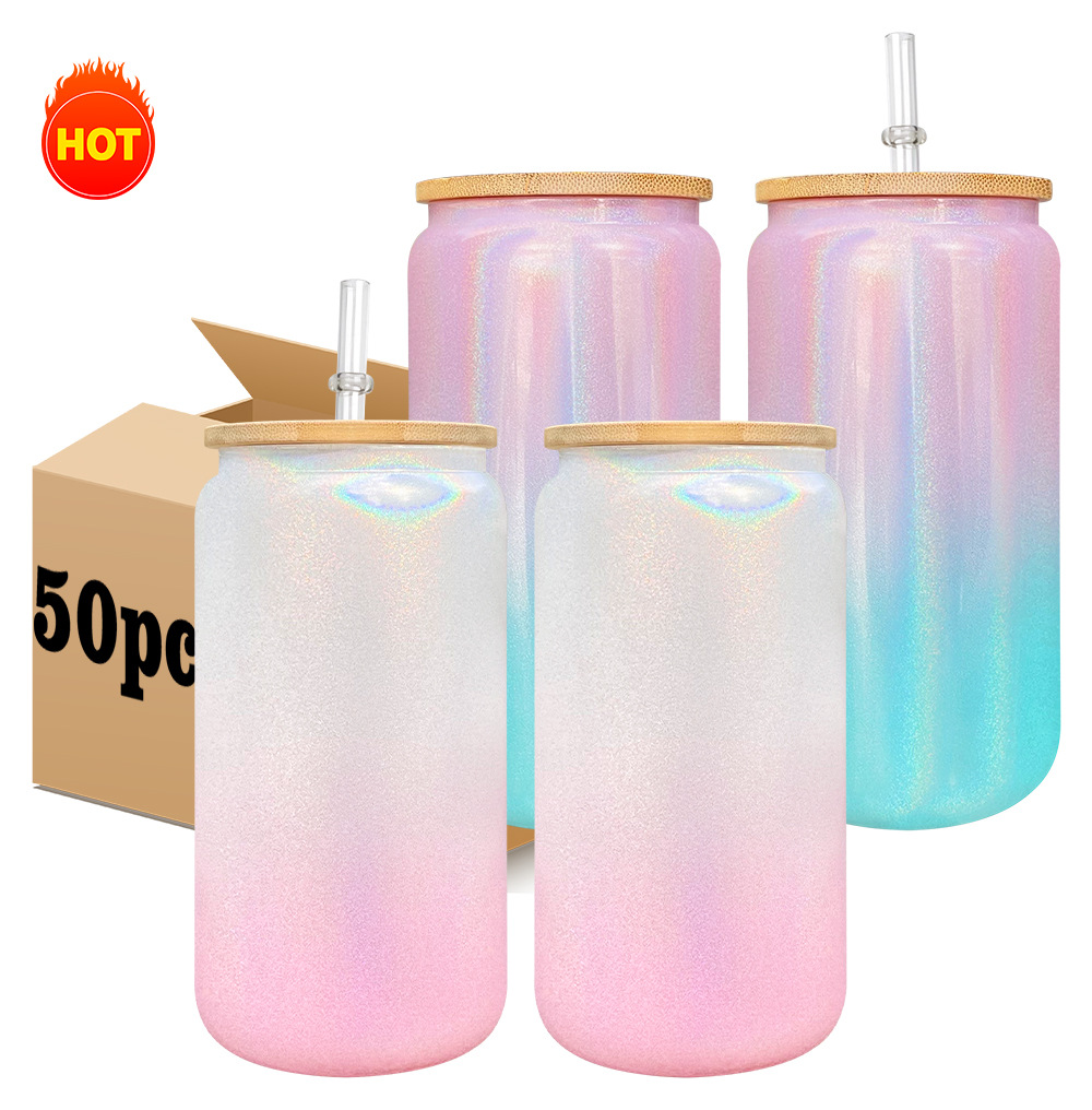 

Sublimation 16oz Glitter Gradient Glass Can tumbler Creative Sequins shape Bottle with Lid and Straw Summer Drinkware Mason Jar Juice Cup