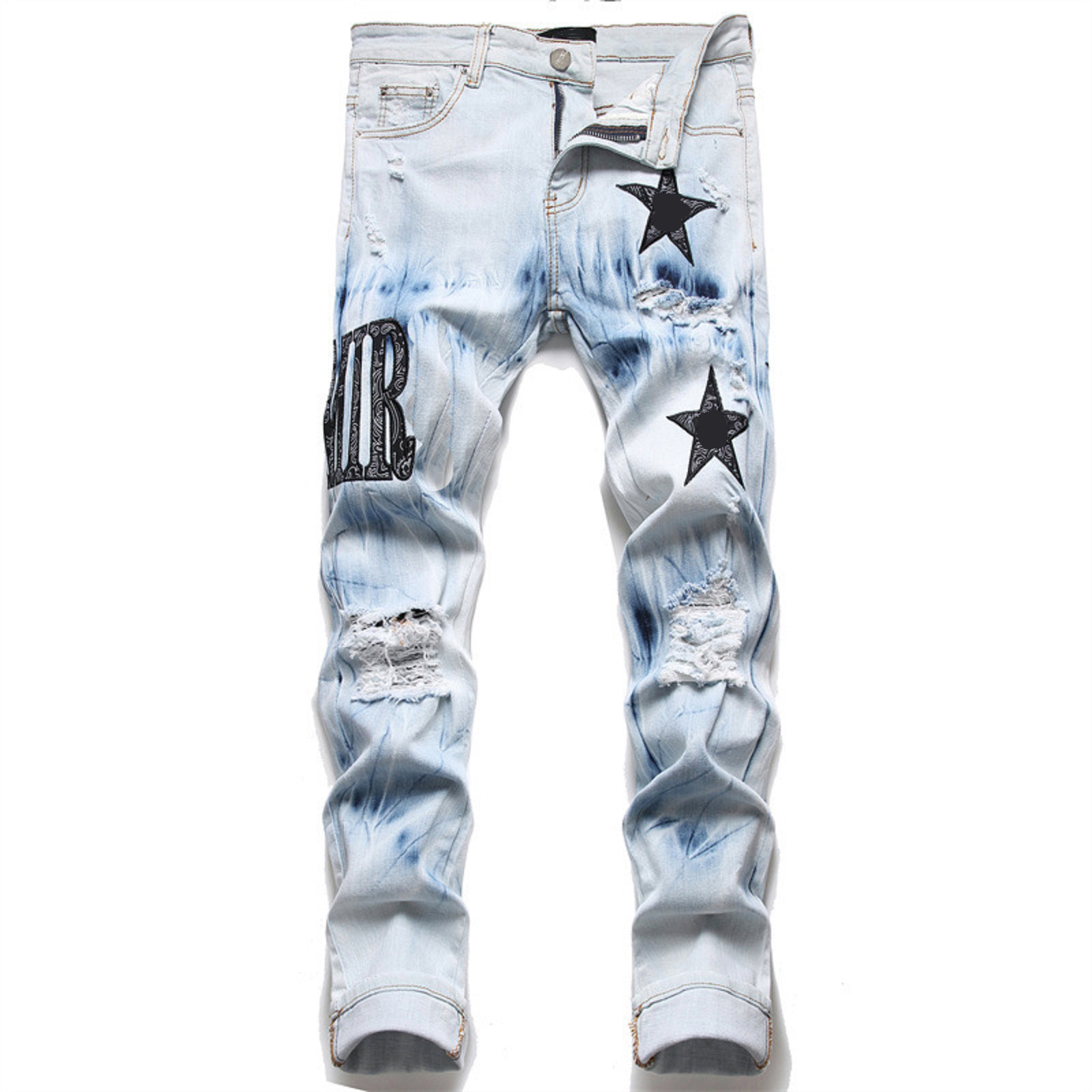 

Men's jeans European jean hombre letter star men perforated embroidery patchwork ripped trend brand motorcycle pant mens skinny fashion elastic slim fit pants 38