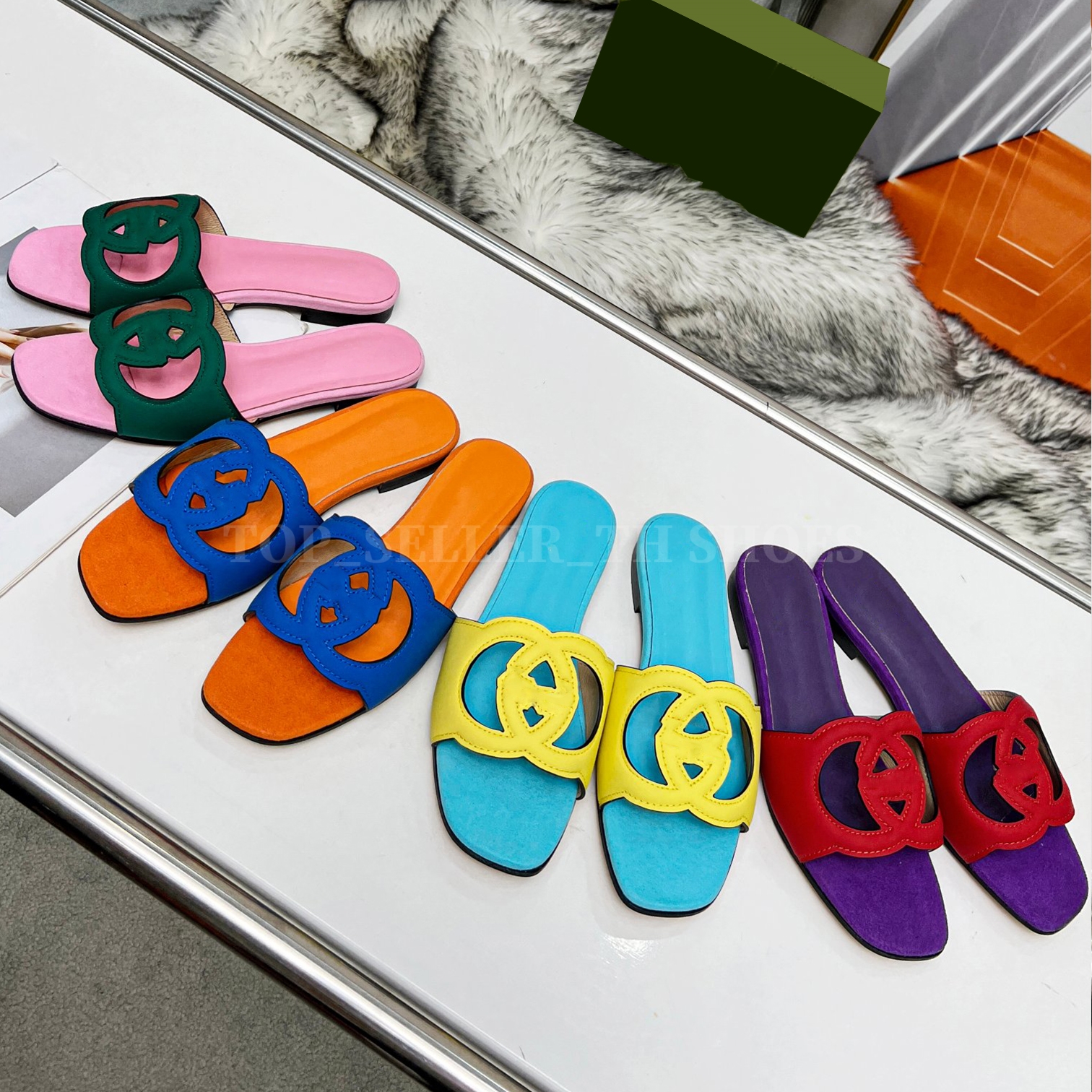 

Designer Sandals Interlockings Cut-Out Slides Women Suede Flat Slipper Italy Hollowed Dress Shoes, Blue