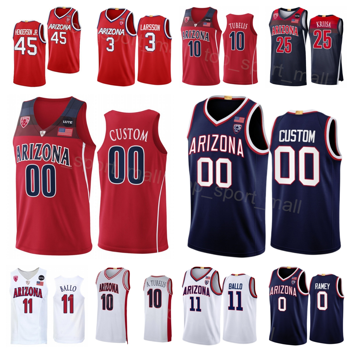 

College Basketball Arizona Wildcats Jersey 10 Azuolas Tubelis 11 Oumar Ballo 0 Courtney Ramey 25 Kerr Kriisa 3 Pelle Larsson 45 Cedric Henderson Jr Stitched NCAA, Red