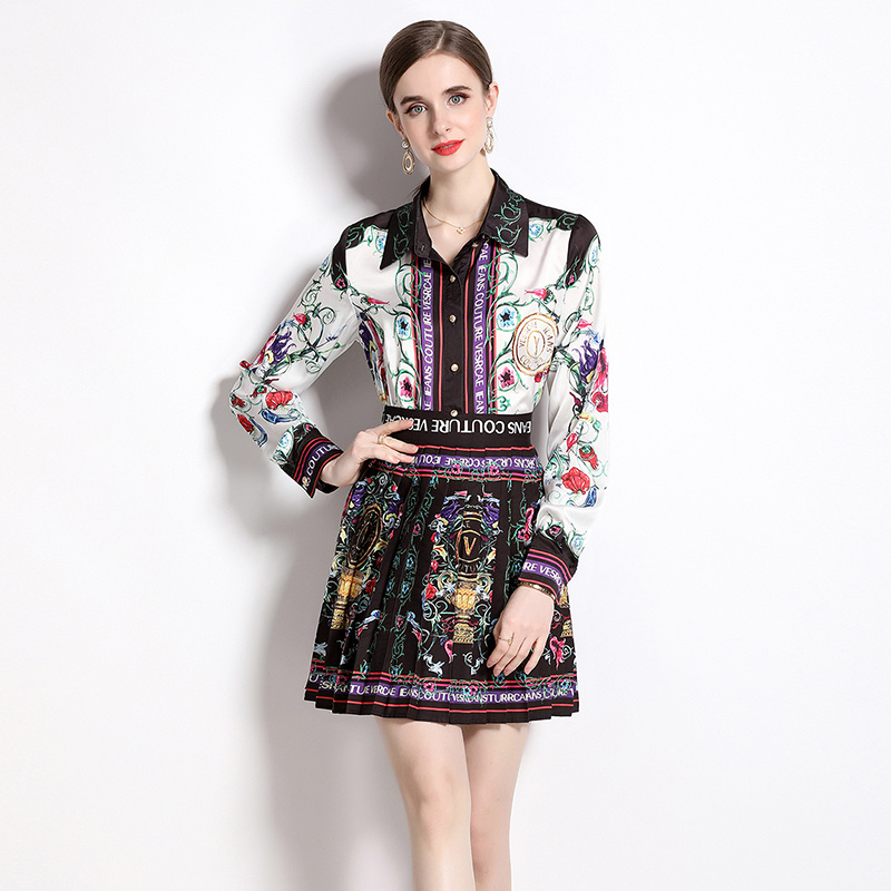 

2023 Designer Two Piece Floral Dress Graceful Set Spring Autumn Women Print Shirt and Mini Skirts Cute Party 2 Piece Sets Long Sleeve Office Lady Slim Fit Stylish Suits, Customize