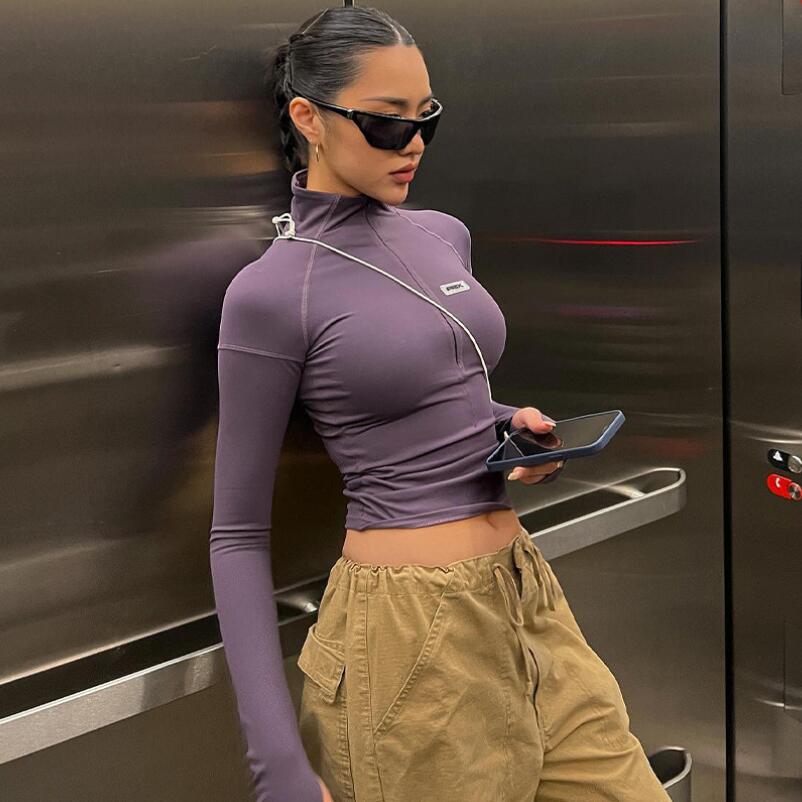 

Women' T-Shirt High Neck Long Sleeve T-shirts Designer Slim Crop Top Sexy Hot Girl Bottoming Shirt Top 2023 Fashion, Black