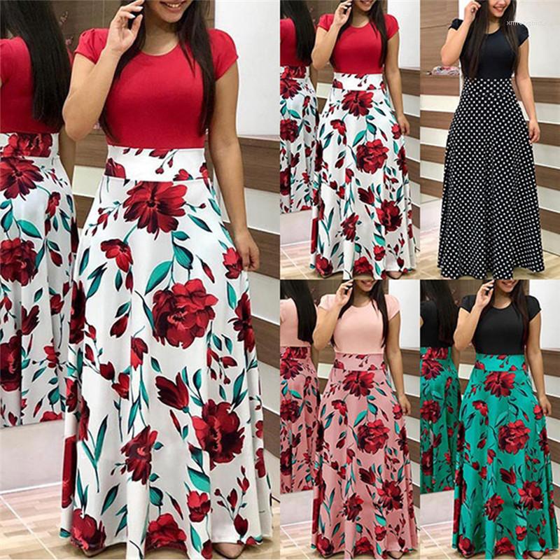 

Casual Dresses Women Patchwork Long Dress Vintage Floral Print Short Sleeve Party Maxi Female Summer O-neck Sundress Plus Size, Brown