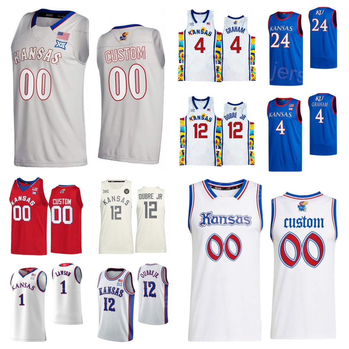 

College Basketball 12 Kelly Oubre Jr Jersey Kansas Jayhawks 24 Lagerald Vick 0 Frank Mason III 4 Devonte Graham 11 Josh Jackson Dedric Lawson University Sewing NCAA, Blue