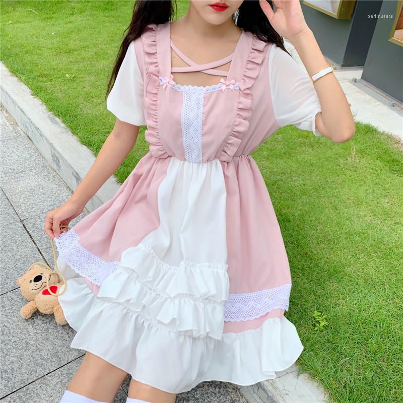 

Casual Dresses Kawaii Lolita Dress Women Y2k Cute Sweet Square Collar Short Halloween Gothic Japanese Girl Vestidos Pink, Pink short sleeve