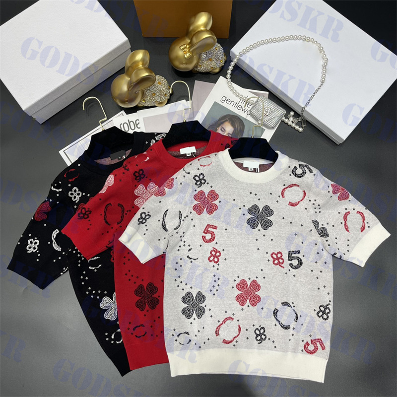 

Vintage Knitted Tops For Women Letter Jacquard T Shirt Spring Summer New Short Sleeve Tees Three Colors, Pls contact me real pic