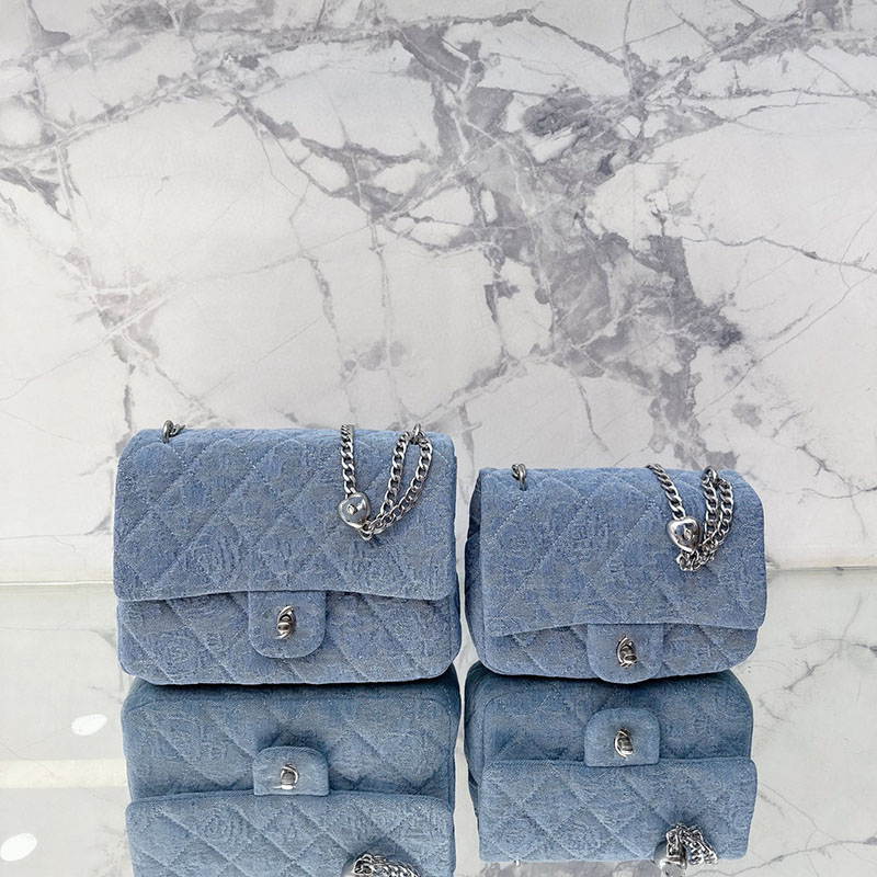 

Channel Mini Flap Handbag Bag Rose Blue Denim Canvas Love Heart Adjustment Silver Chain Strap Shoulder Back Designer Women Luxury Bag 3 Size, Blue-denim-20cm