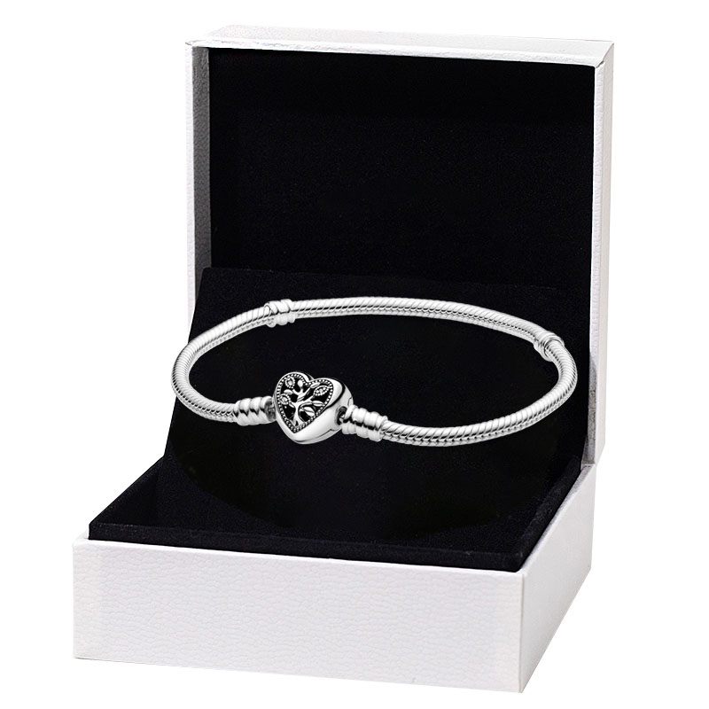 

Family Tree Heart Clasp Snake Chain Bracelet for Pandora Real Sterling Silver Hand chain Party Jewelry For Women Girlfriend Gift Charm Bracelets with Original Box