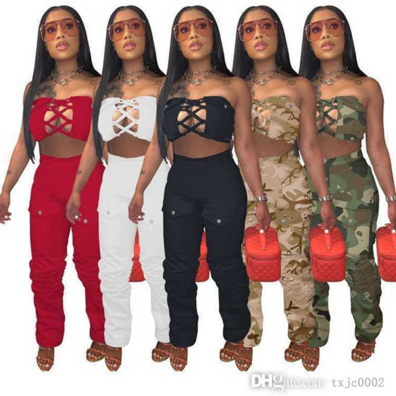 

2023 Designer Women Two Piece Pants Set Summer Clothing Hollow Out Waistcoat Crop Top And Trousers Camouflage Printed Suit, Green camouflage