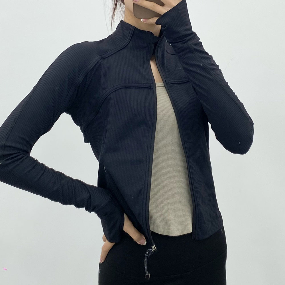 L-006 Ribbed Cropped Jacket Yoga Coat Waist Length Sweatshirts Slim Fit Sports Jackets with Thumbholes