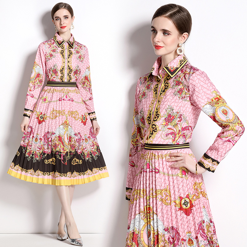 

Retro Floral Designer Dress Sets Pink Two Piece 2023 Women Elegant Shirt and Midi Pleated Skirts Holiday Party Set Long Sleeve Office Lady Print Slim Fit Stylish Suit, Black