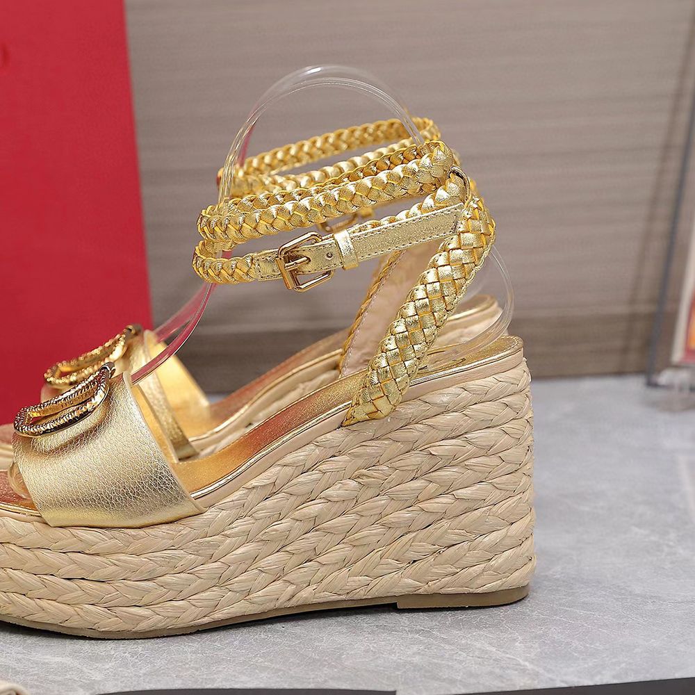 

sandals wedge mountaineering leisure fashion canvas shoes gold blackslippers slide shoes leather centimeters Straw high heel
