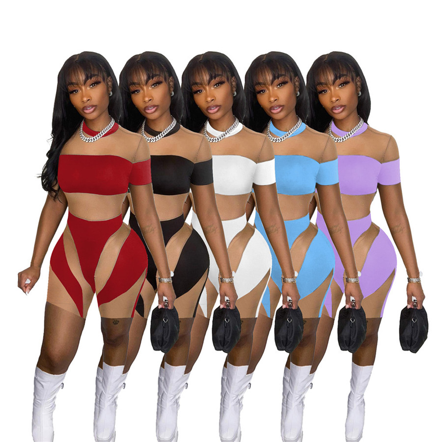 

2023 Designer Summer Mesh Patchwork Rompers Women Clothes Short Sleeve Jumpsuits Sexy See Through Playsuits Casual One piece Overalls Night Club Wear 9537, Mix color