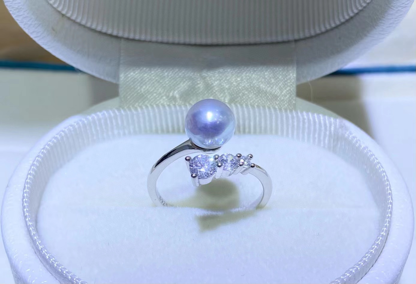 

23032101 Diaomondbox Jewelry ring 7-8mm akOYA pearl WHITE gold plated sterling 925 silver FREE SIZE adjustable curve open rhinestone zircronia girl