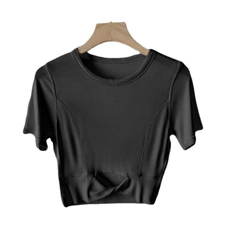 

LU-056 Yoga Dress Cropped Women's Tops Cotton T-Shirt Ribbed Short Modal Short Sleeve Shirt Breathable Tight Sports Gym Clothes, Dark grey