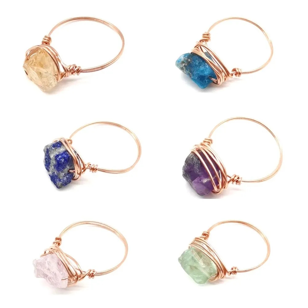 

Wire Wrap Natural Raw Stone Rings Lapis Lazuli Amethysts Fluorite Pink Crystal Ring for Women Jewelry