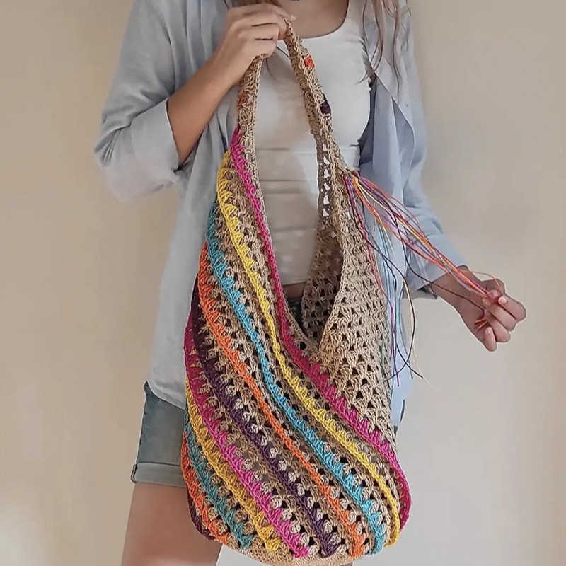 

Color Striped Shoulder Bag for Spring and Summer Women's Large Capacity Cotton Thread Handmade Crochet Bucket Bag Beach Holiday Bag 230318, Picture color--35*28*25cm