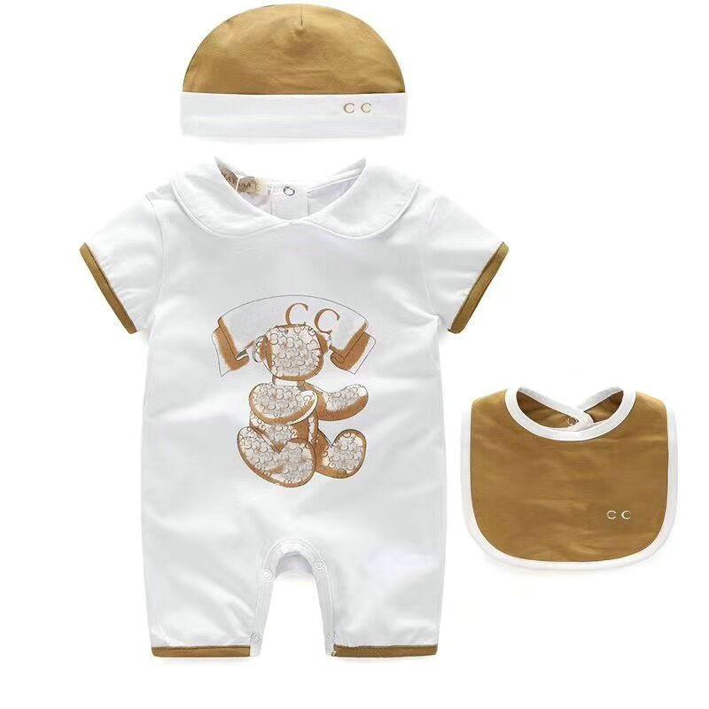 

100%cotton baby Rompers boy girl kids designer 1-2 years Newborn short sleeves jumpsuit hat Bibs 3 piece set Clothing G007, White long sleeves
