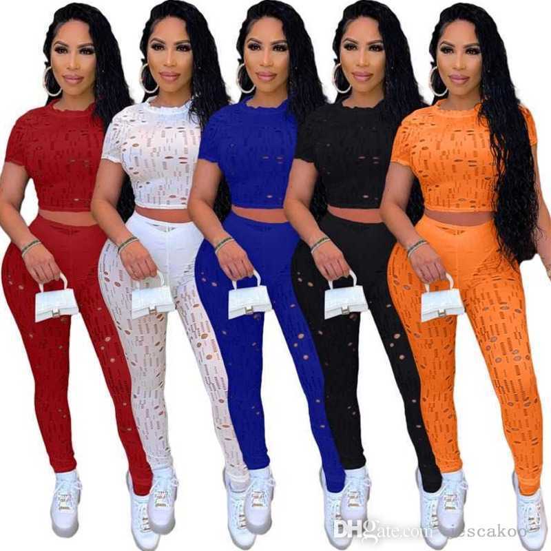 

2023 Designer Womens Tracksuits Two Piece Pants Set Summer Outfits Sexy Holed Crew Neck Short Sleeve Crop Top And Leggings Sport Suit, Orange