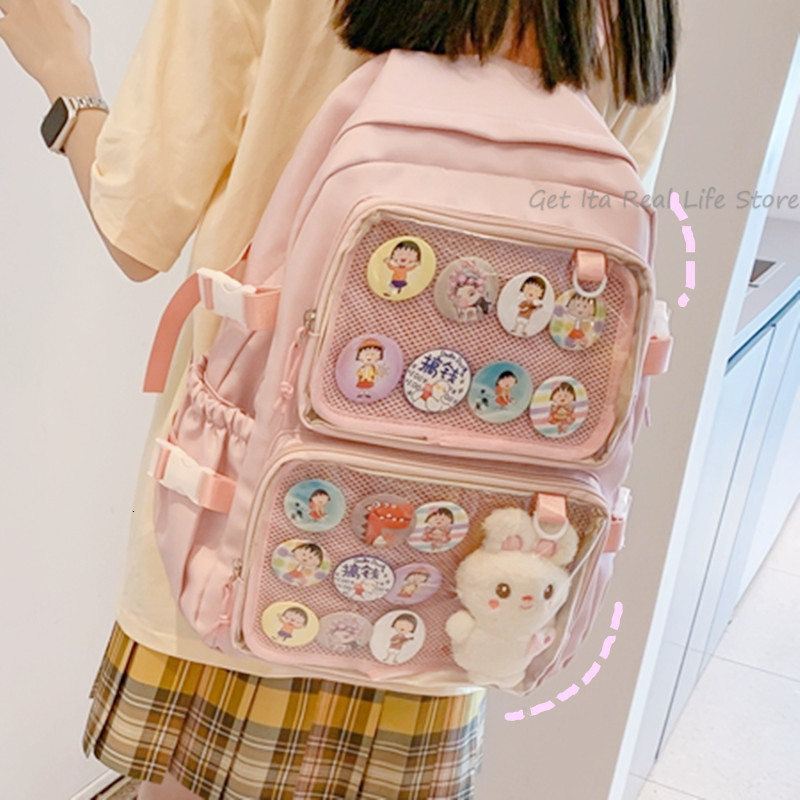 

School Bags Girls Large Pink Ita Backpack with Two Clear Pockets for Pin Display Women Big Kawaii Bag Insert Plate H221 230320, Blue