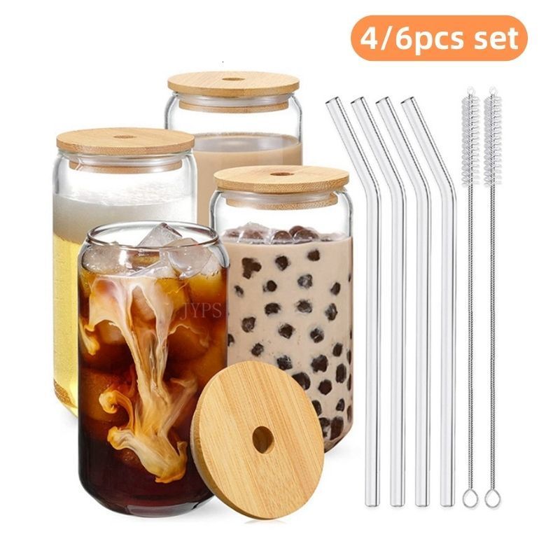

Tumblers 550ml400ml Glass Cup With Lid and Straw Transparent Bubble Tea Juice Beer Can Milk Mocha s Breakfast Mug Drinkware 230320, 4pcs as shown