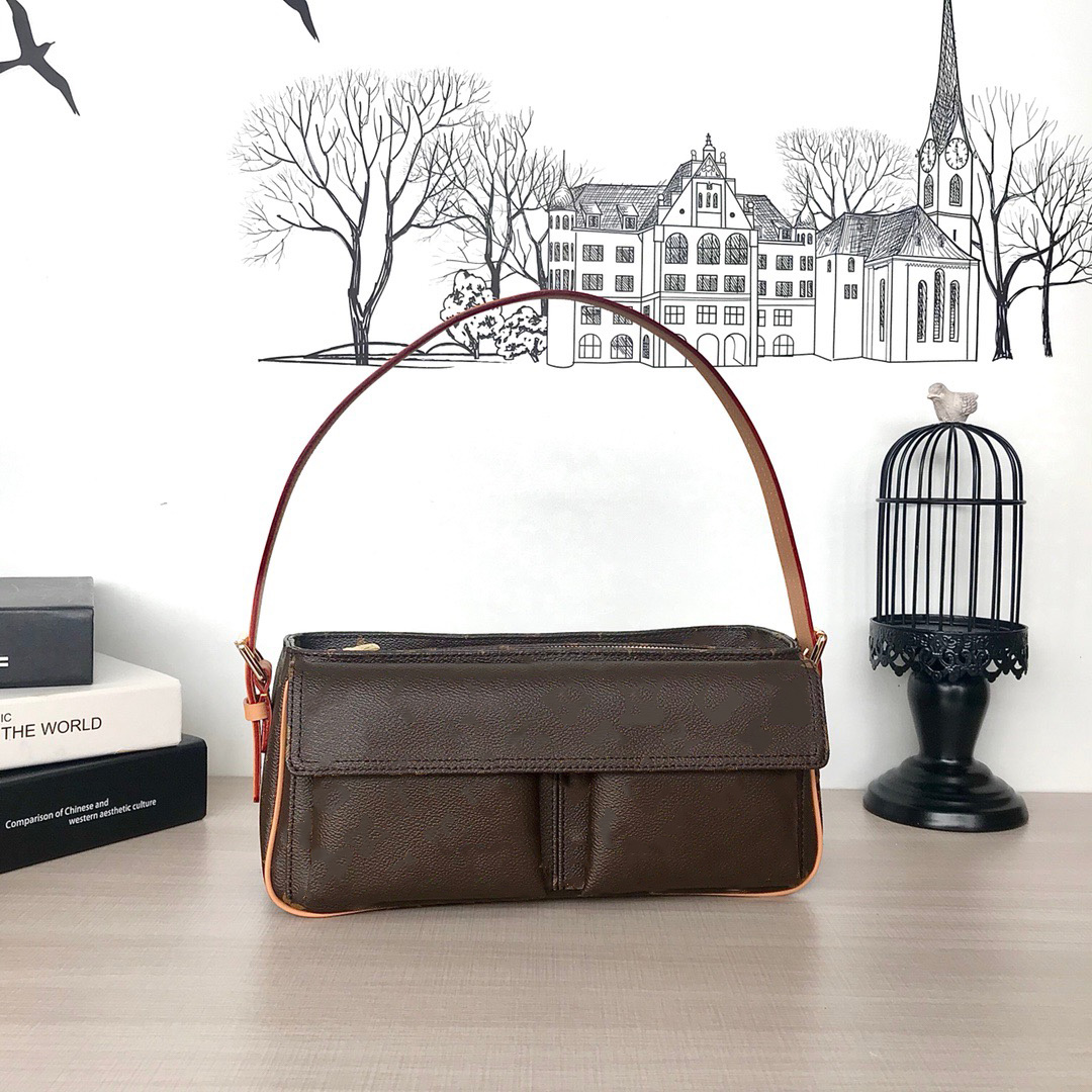 

Women Luxury Designer Shoulder Bags Vintage Camel Bag Hobo Double Front Pocket Fashion Ladies Handle Purses Baguette Brown