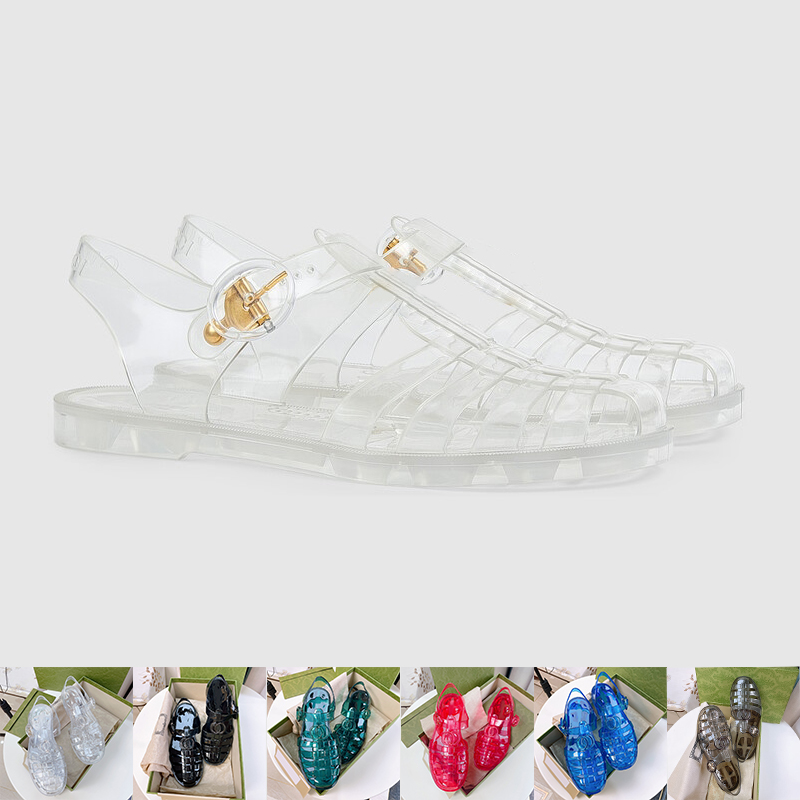 

GG Designer Women Sandal with Double G Summer Jelly Sandals Guccie Fashion Candy Color Transparent Rubber Slippers Luxury Outdoor Beach Flat Flops Ladie Roman Shoes