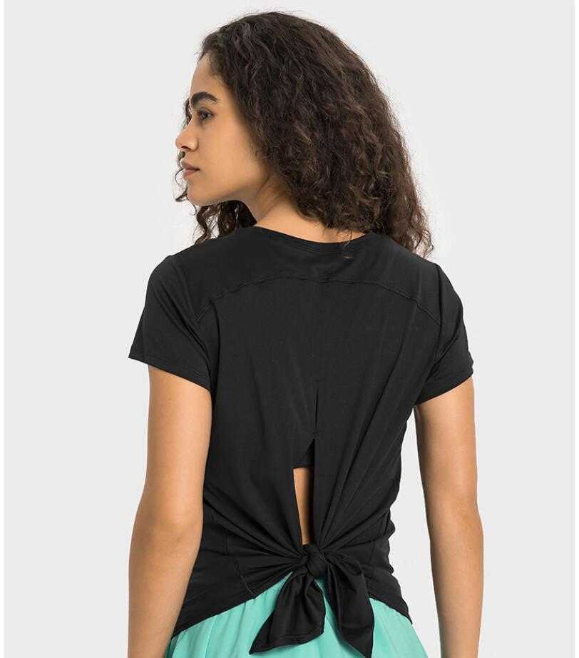 

lu-359 Back Tie Butterfly Strap Yoga Tops Short Sleeve Fashion Skin-friendly Quick Dry Breathable Sports Fitness Top Women, Light blue