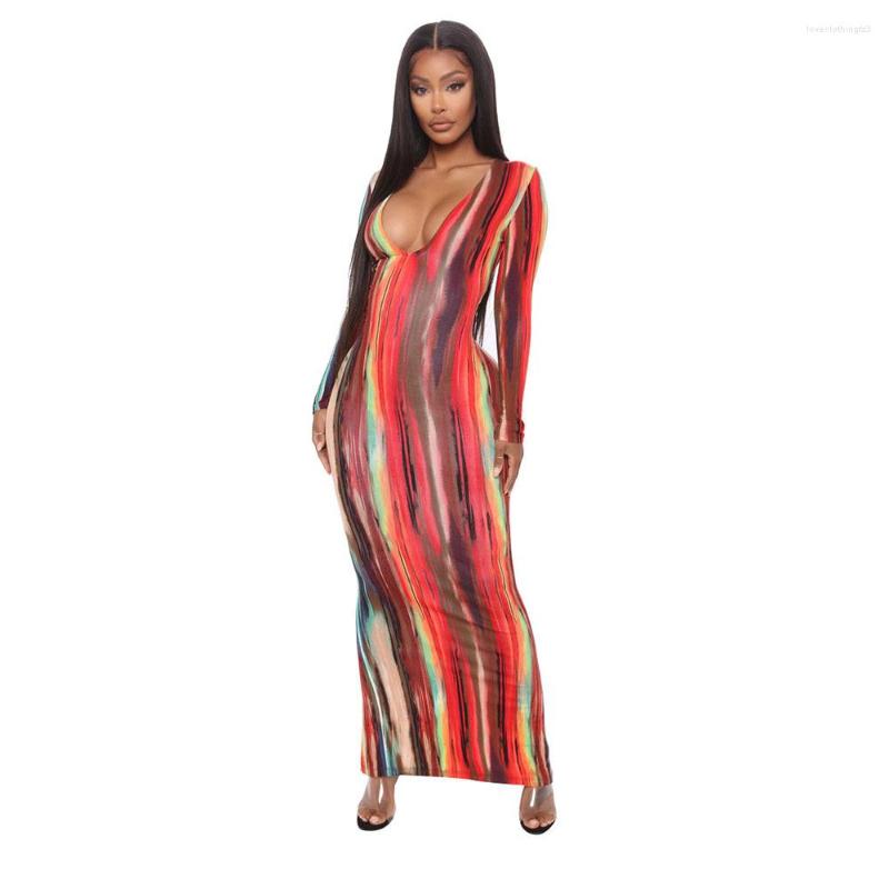 

Casual Dresses Tie Dye Dress Striped Print Fashion V Collar Long Sleeve Bodycon Maxi Sexy Party 2XL XL, Gray