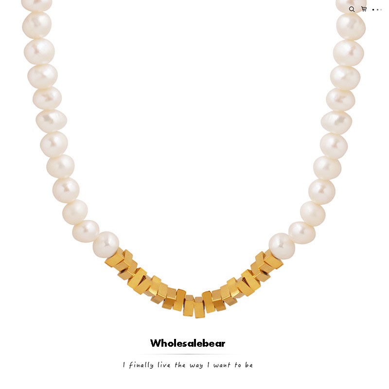 Unique design Freshwater Pearls Tiny Triangle Beaded Necklaces quality 18k sun gold stainless steel jewelry no fade