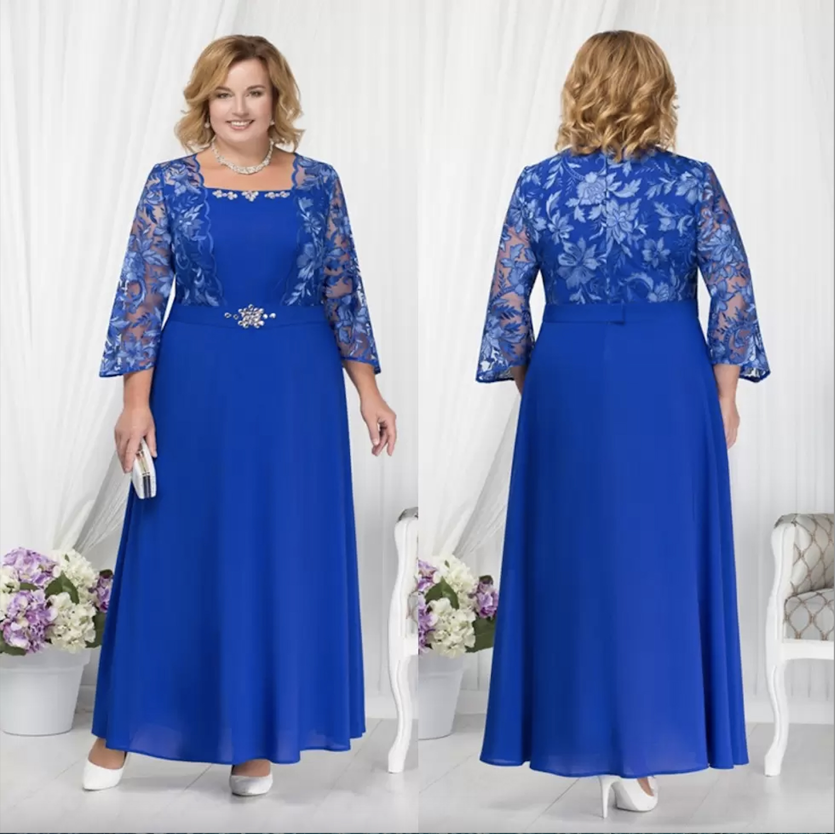 

Blue Plus Size Beaded Lace Mother Of The Bride Dresses Square Neck Long Sleeves Wedding Guest Dress A Line Chiffon Evening Gowns